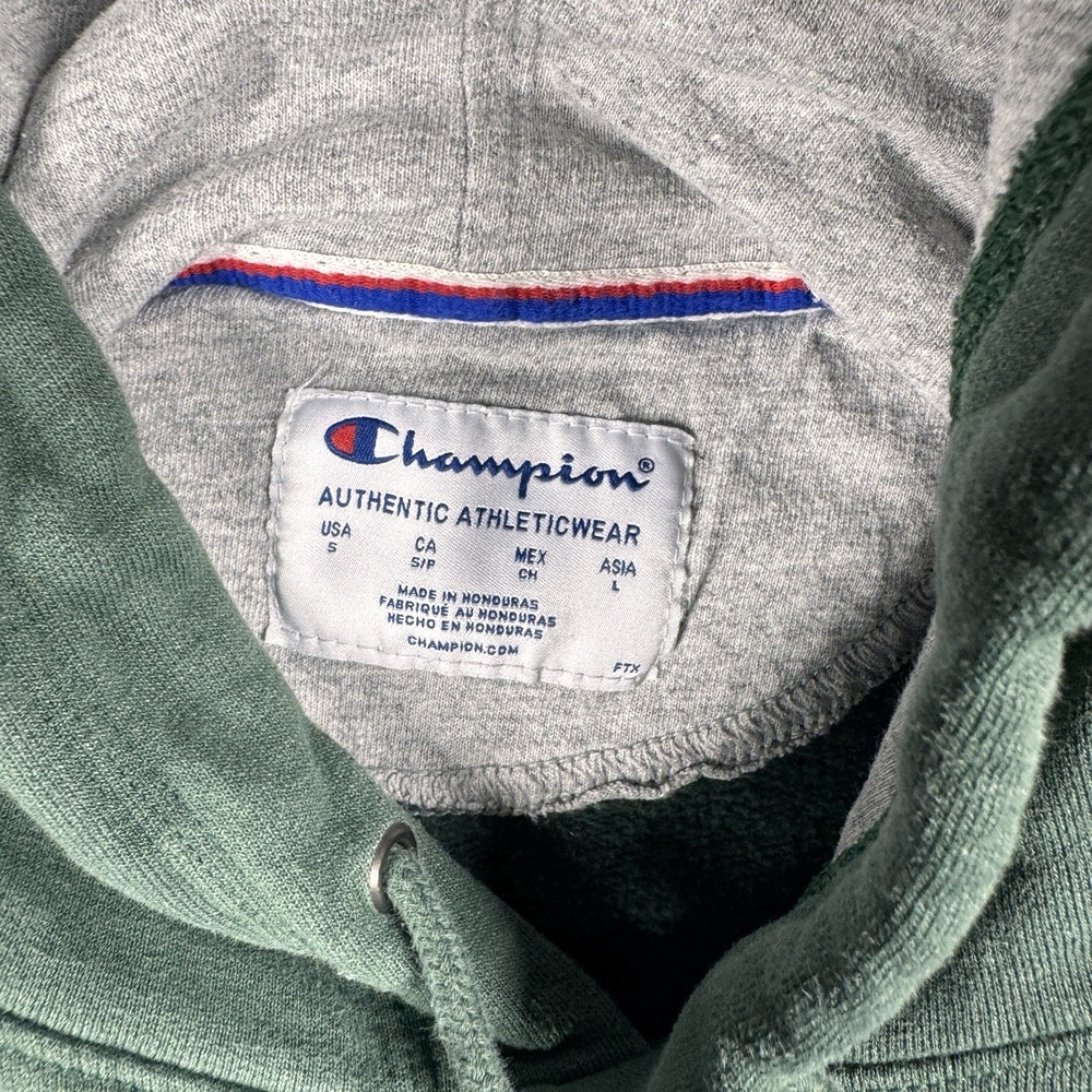 Y2K Champion Pullover Hoodie Green Fleece Sweatshirt‎ Drawstring Men's Medium - Picture 3 of 10